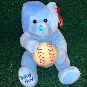 Ty beanie babies BABY BOY blue bear holding a beisball with tag MVMT